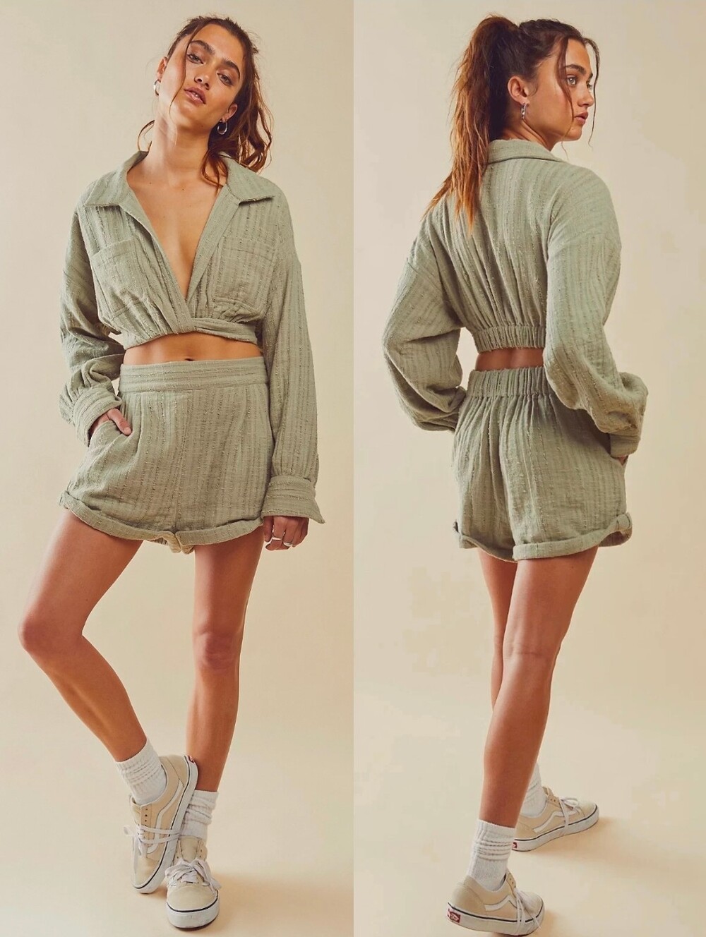 FREE PEOPLE Green Two Piece Stay Cool Cotton Set